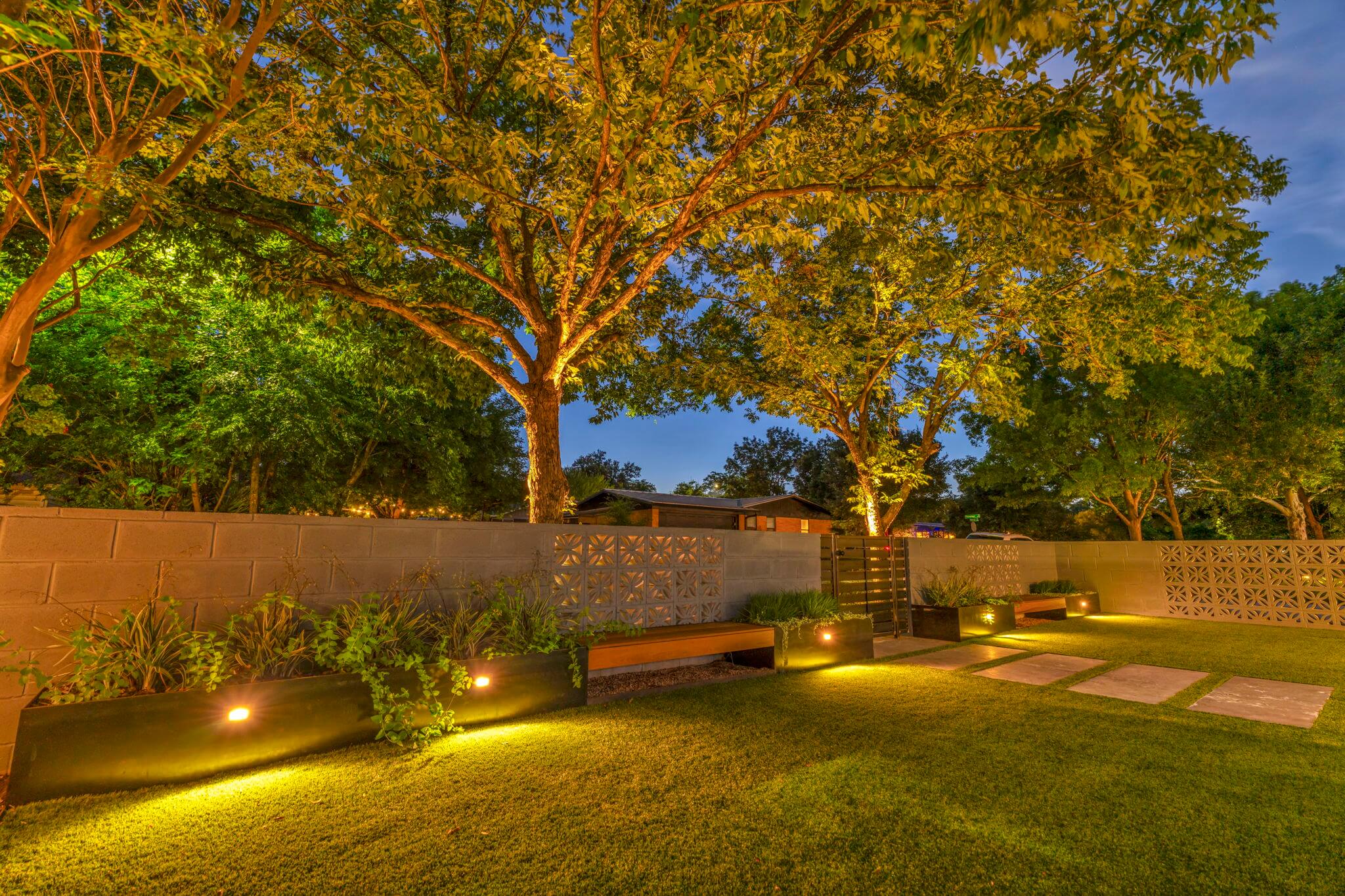 Image of a yard that is well lit from landscape lighting